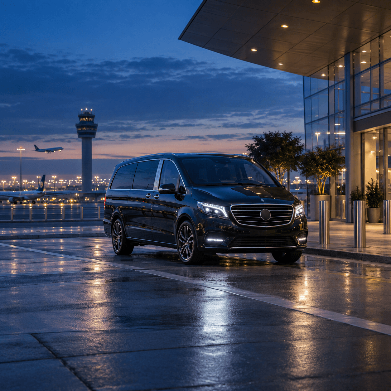 Private transfer vehicle travelling through Bulgaria at dusk